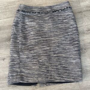 Karl Lagerfeld Blue White Tweed Marled Fringe Detail Pencil Skirt Sz 8